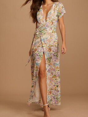 Lulus Feels Magical Ivory Floral Print Short Sleeve Wrap Maxi Dress Beige